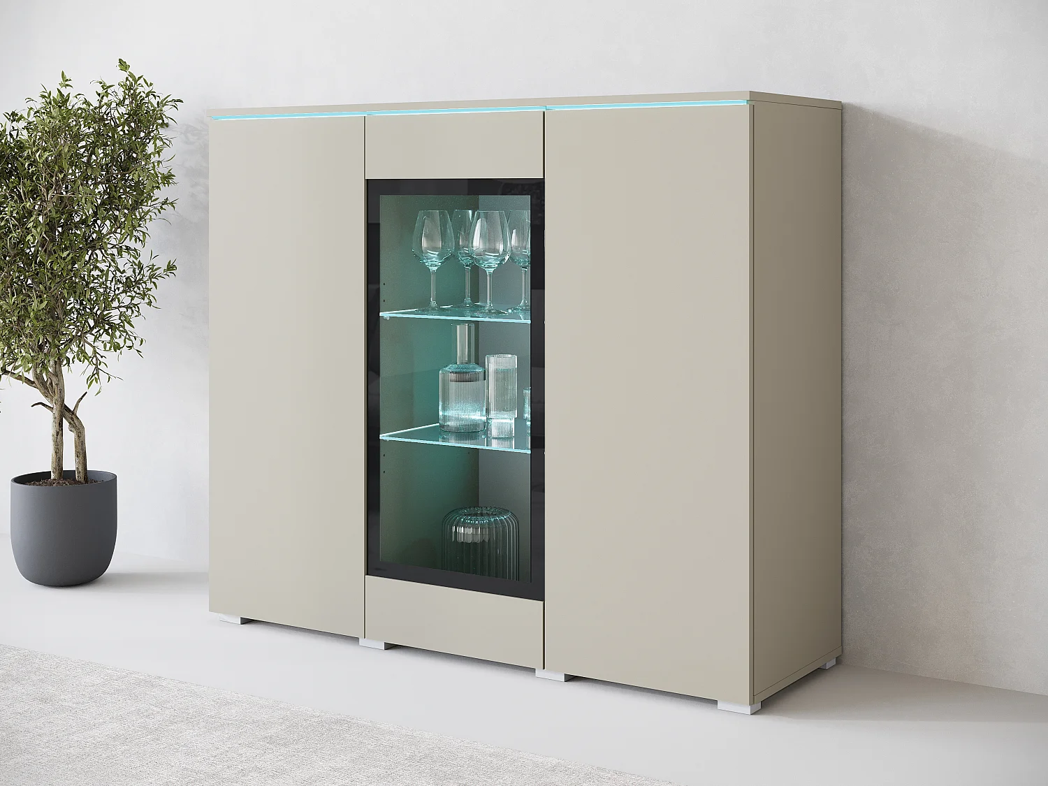 Vitrine haute moderne 120 cm pour salon avec LED, 3 portes, beige cachemire mat