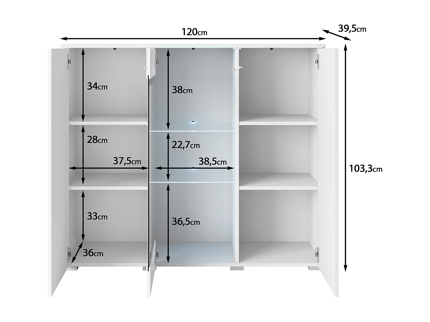 Vitrine haute moderne 120 cm pour salon avec LED, 3 portes, beige cachemire mat
