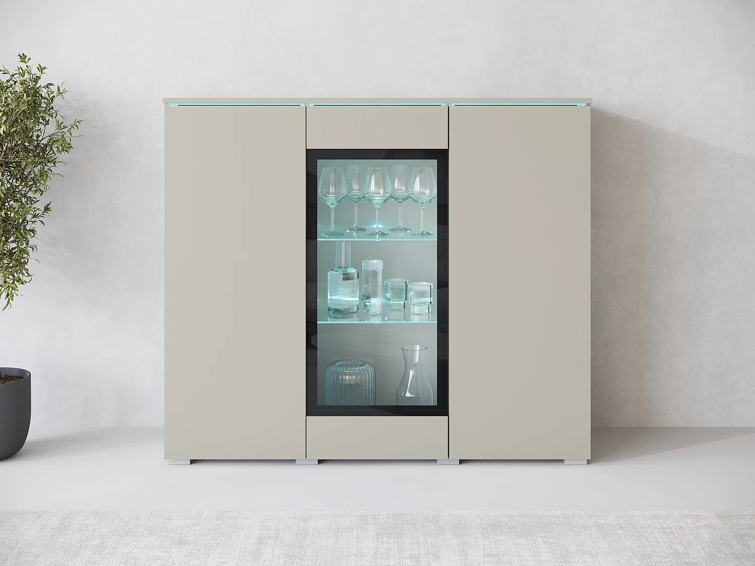 Vitrine haute moderne 120 cm pour salon avec LED, 3 portes, beige cachemire mat