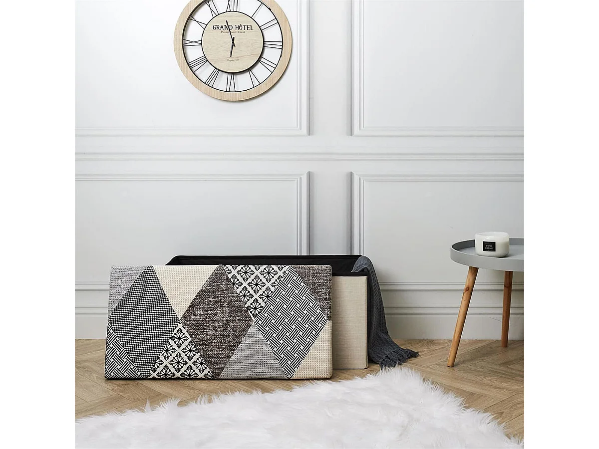Banc Coffre Pliable Motif Patchwork Gris - LORY
