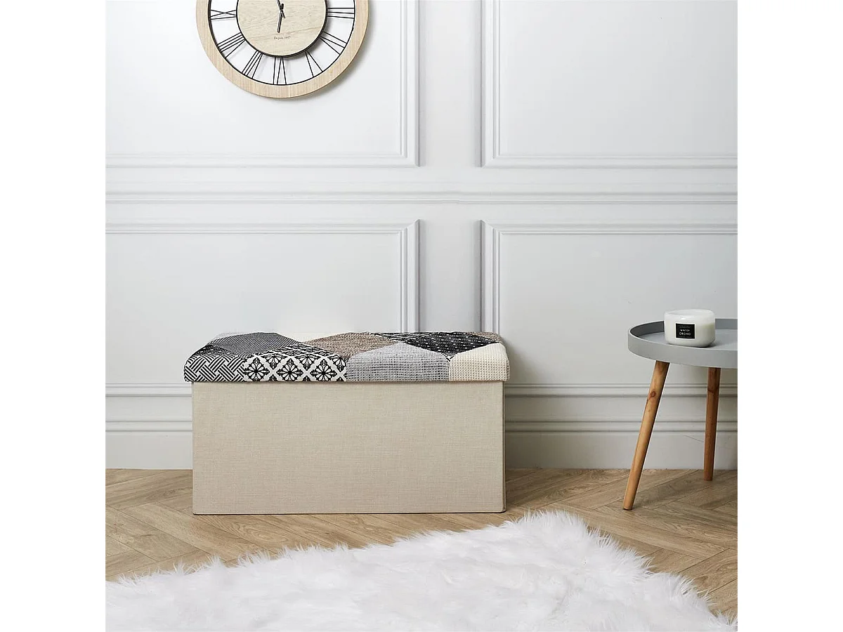 Banc Coffre Pliable Motif Patchwork Gris - LORY