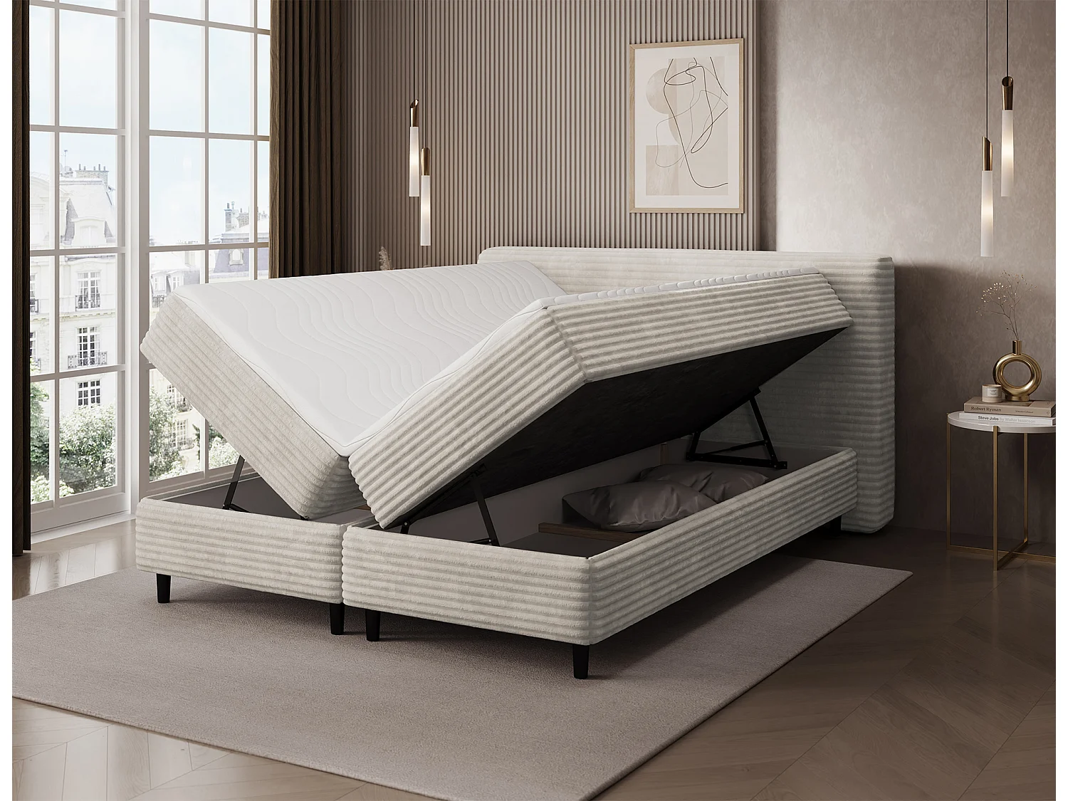 Box spring lit Magnolia/sommier tapissier/housse en tissu peluche/Creme