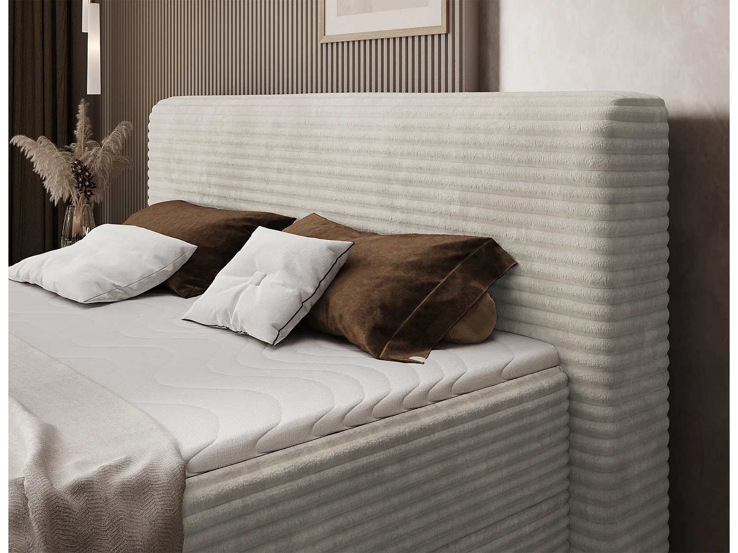 Box spring lit Magnolia/sommier tapissier/housse en tissu peluche/Creme