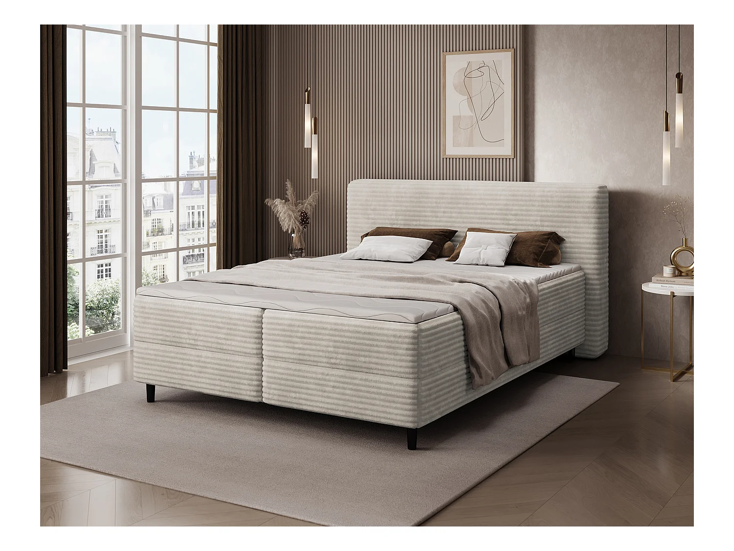 Box spring lit Magnolia/sommier tapissier/housse en tissu peluche/Creme