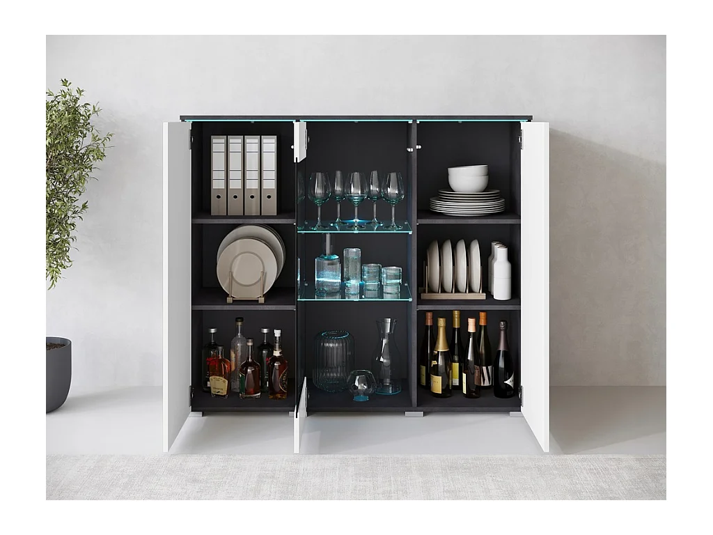 Vitrine haute moderne 120 cm pour salon avec LED, 3 portes, corps matera mat, façades blanc brillant