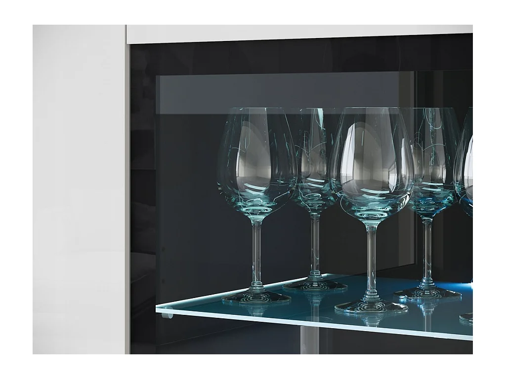 Vitrine haute moderne 120 cm pour salon avec LED, 3 portes, corps matera mat, façades blanc brillant