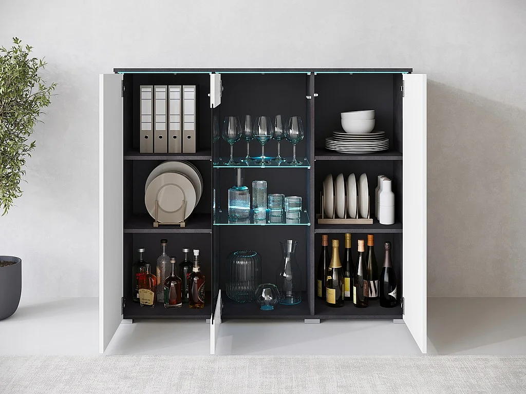 Moderne hoge vitrinekast 120 cm voor woonkamer met LED, 3 deuren, corpus matera mat, fronten wit hoogglans