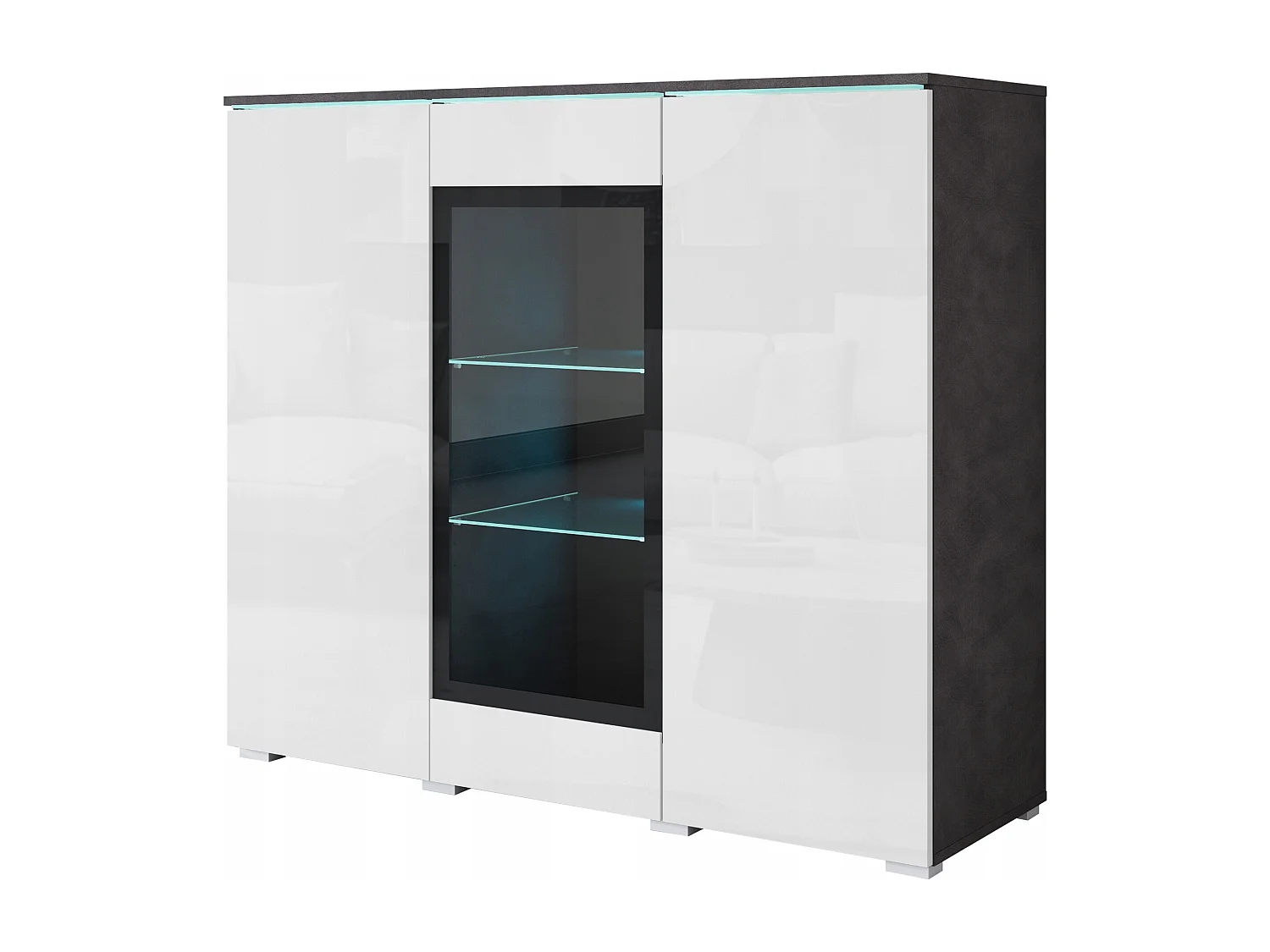 Vitrine haute moderne 120 cm pour salon avec LED, 3 portes, corps matera mat, façades blanc brillant