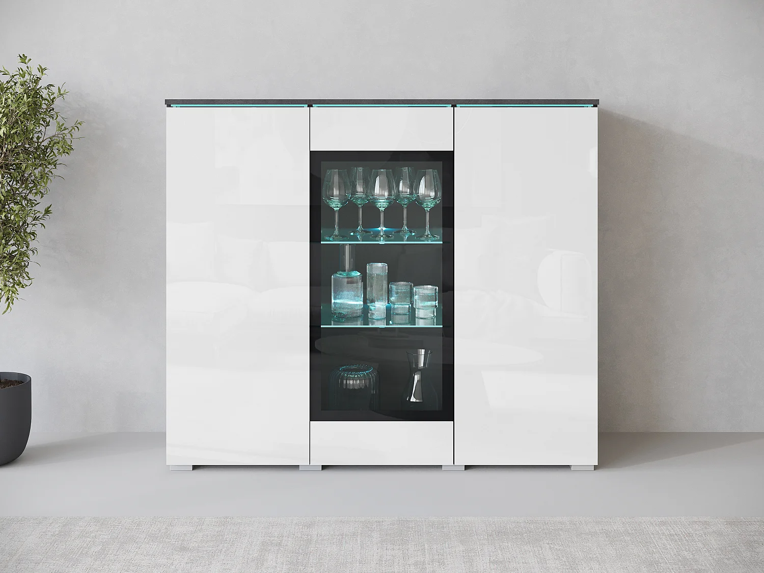 Vitrine haute moderne 120 cm pour salon avec LED, 3 portes, corps matera mat, façades blanc brillant