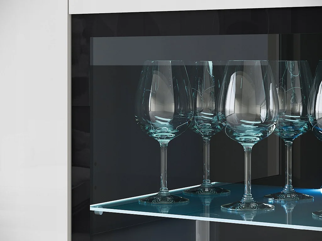 Vitrine haute moderne 120 cm pour salon avec LED, 3 portes, corps matera mat, façades blanc brillant