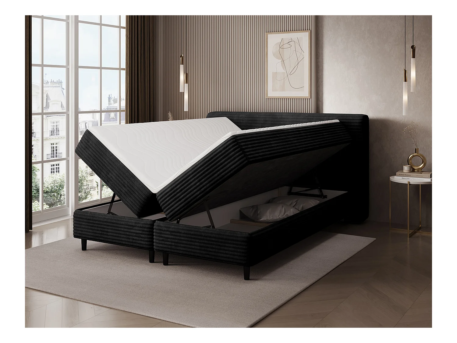 Box spring lit Magnolia/sommier tapissier/housse en tissu peluche/Noir