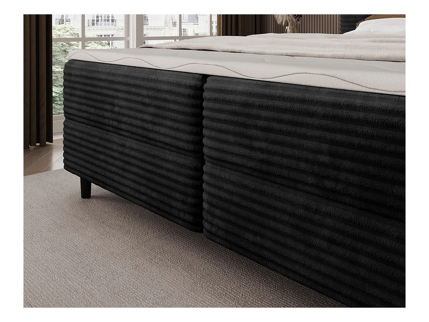 Box spring lit Magnolia/sommier tapissier/housse en tissu peluche/Noir