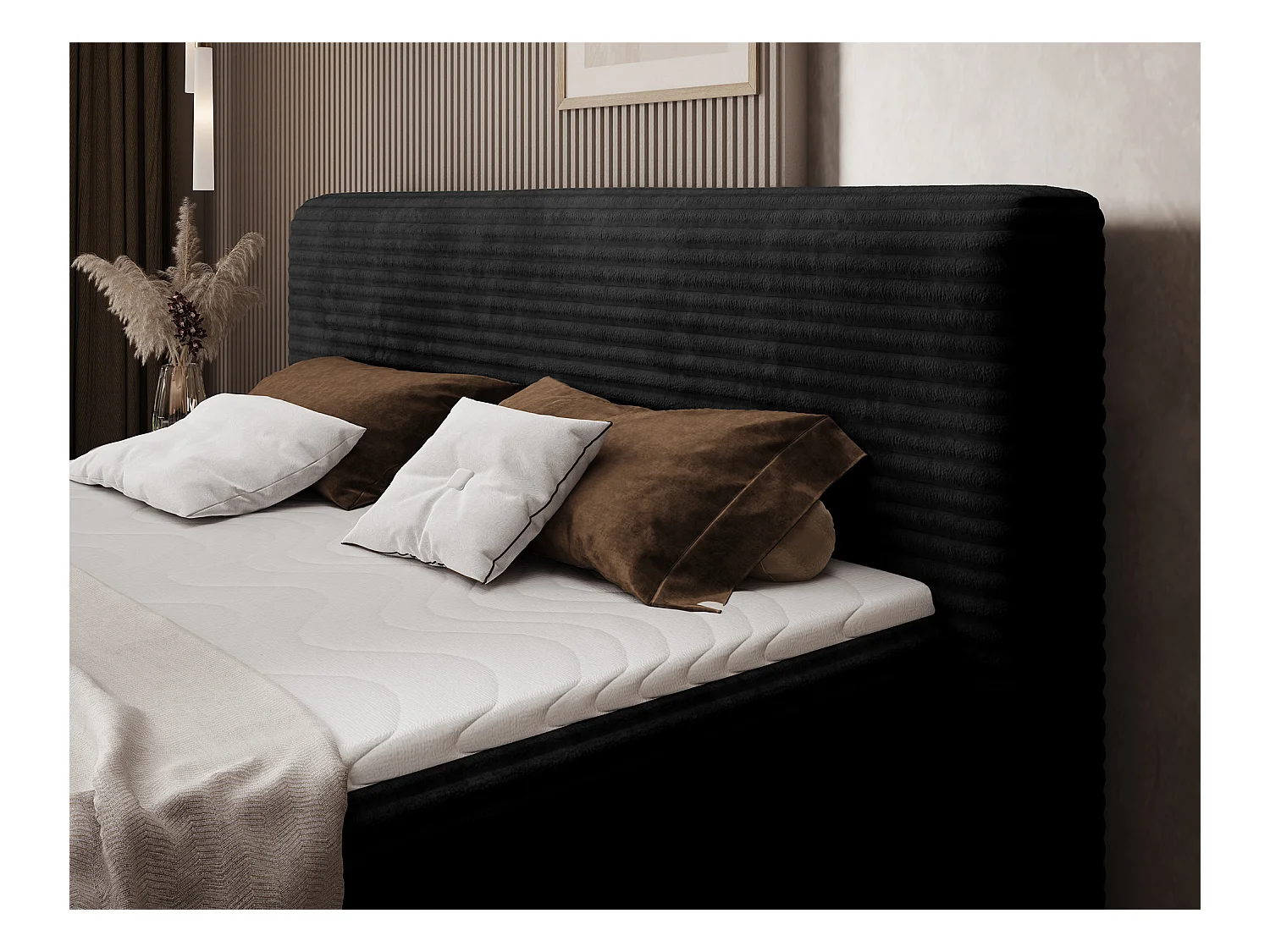 Box spring lit Magnolia/sommier tapissier/housse en tissu peluche/Noir