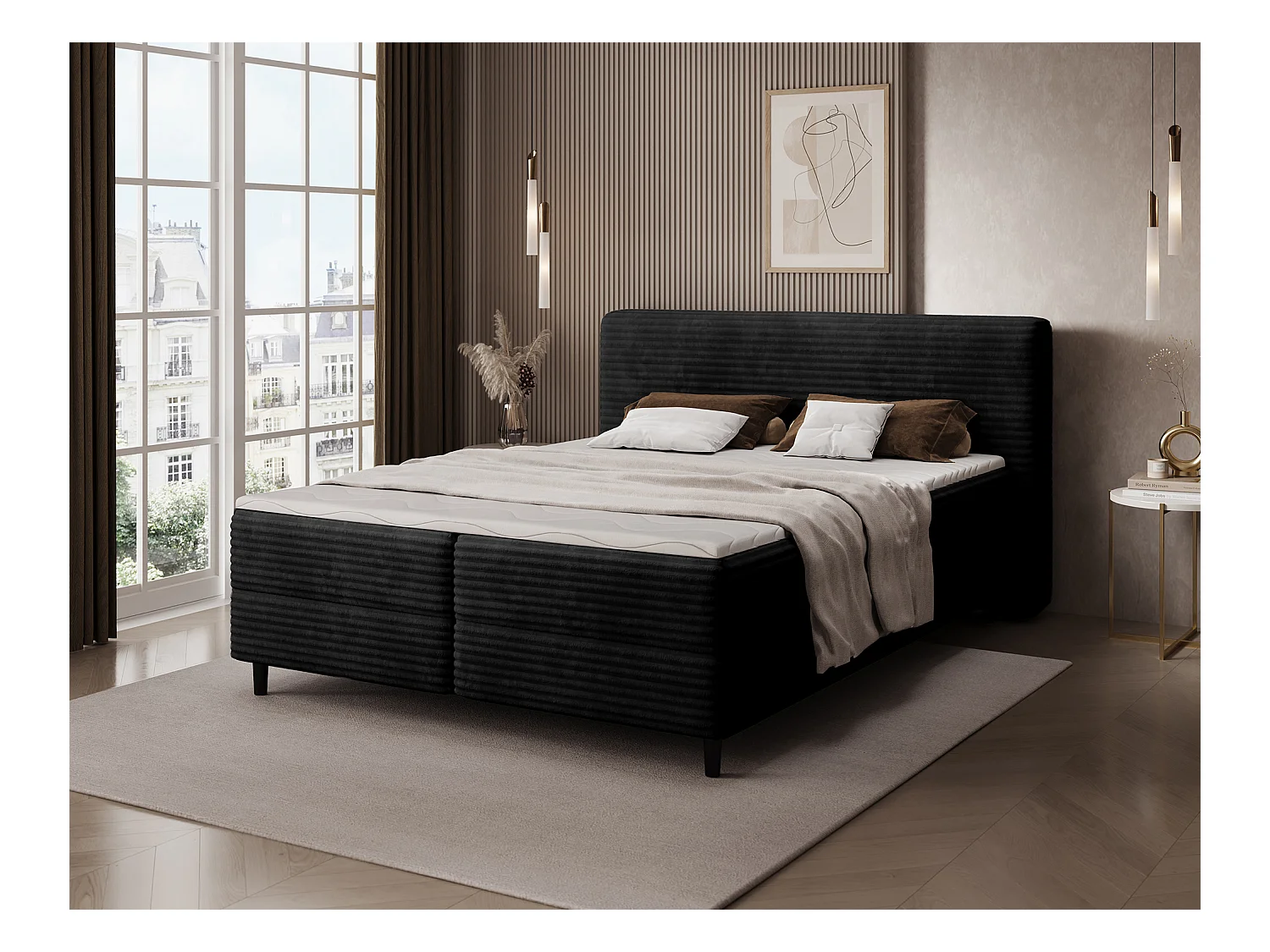Box spring lit Magnolia/sommier tapissier/housse en tissu peluche/Noir