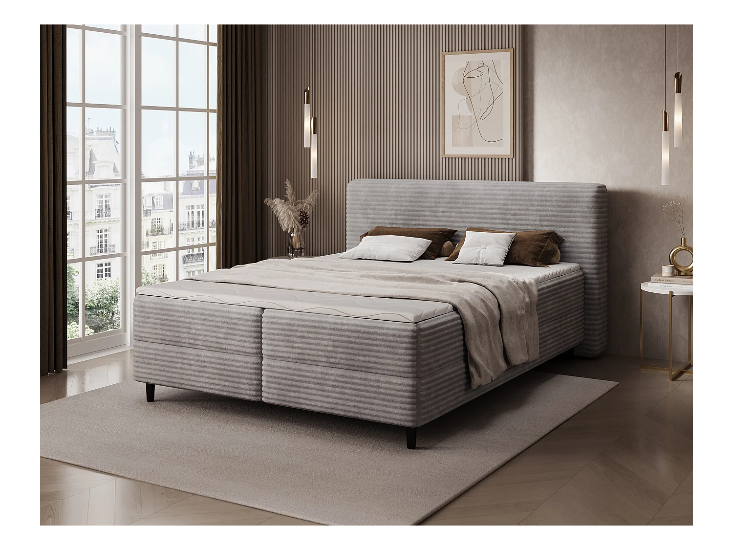 Box spring lit Magnolia/sommier tapissier/housse en tissu peluche/Gris