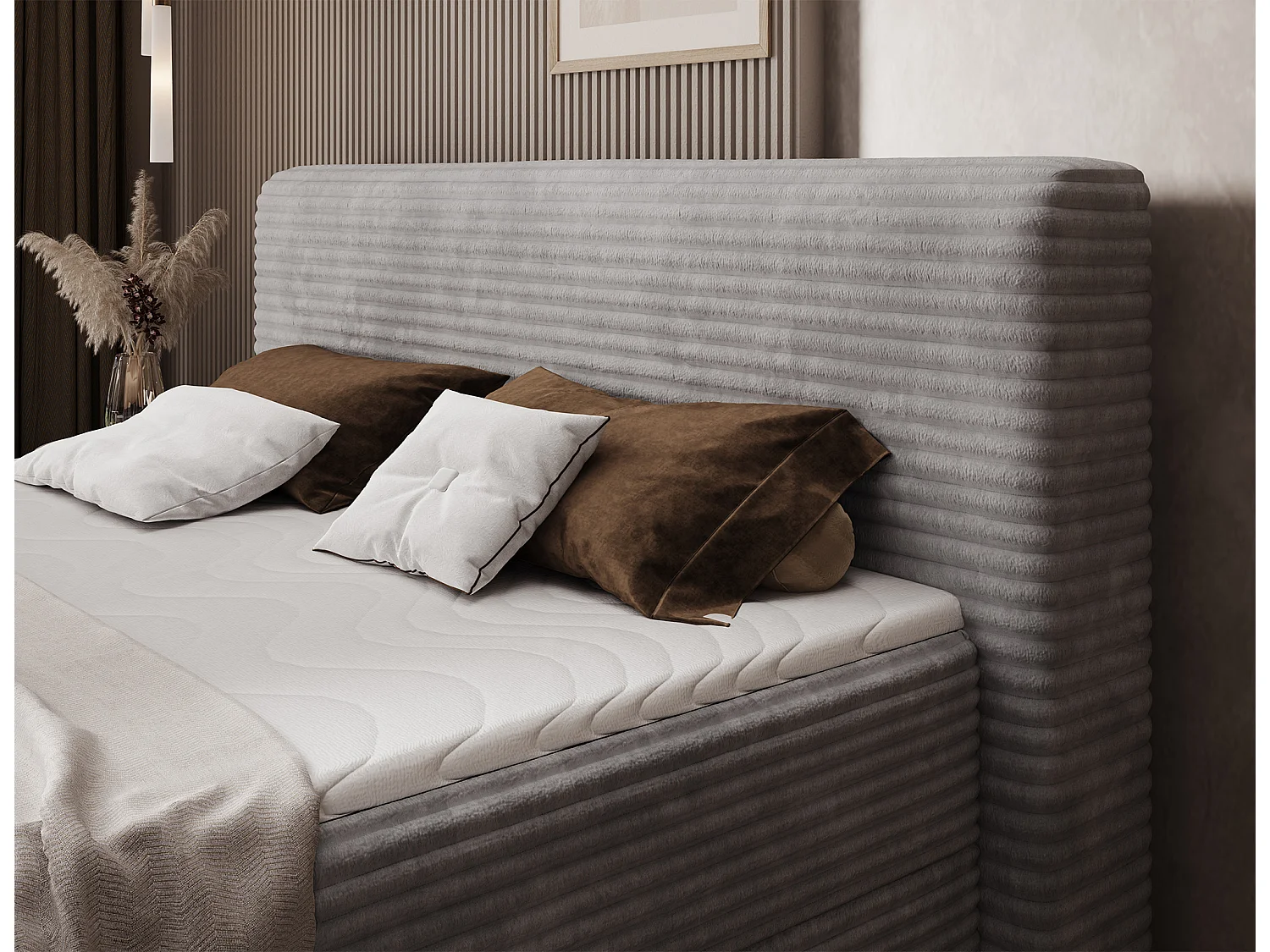 Box spring lit Magnolia/sommier tapissier/housse en tissu peluche/Gris