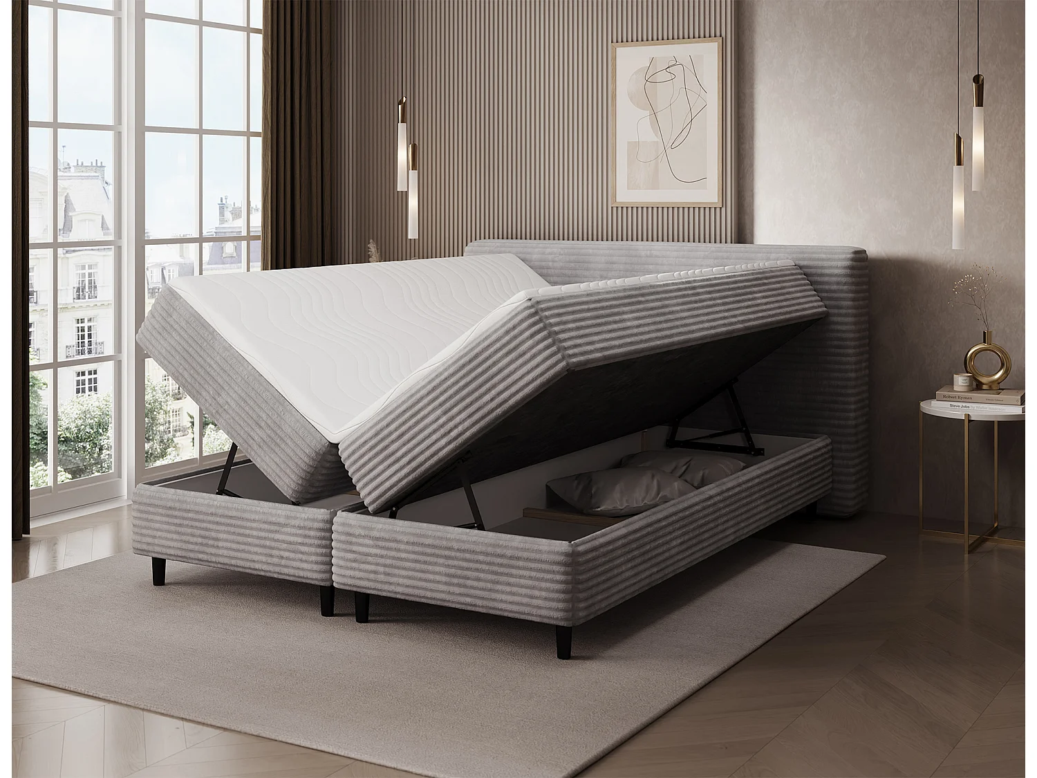 Boxspringbett Magnolia/Bettbox/Plüschstoffbezug/Grau