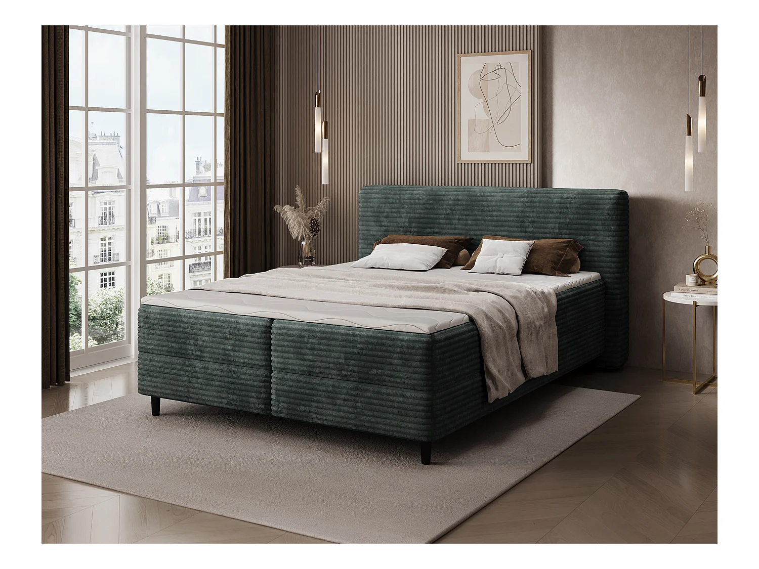 Box spring lit Magnolia/sommier tapissier/housse en tissu peluche/Vert