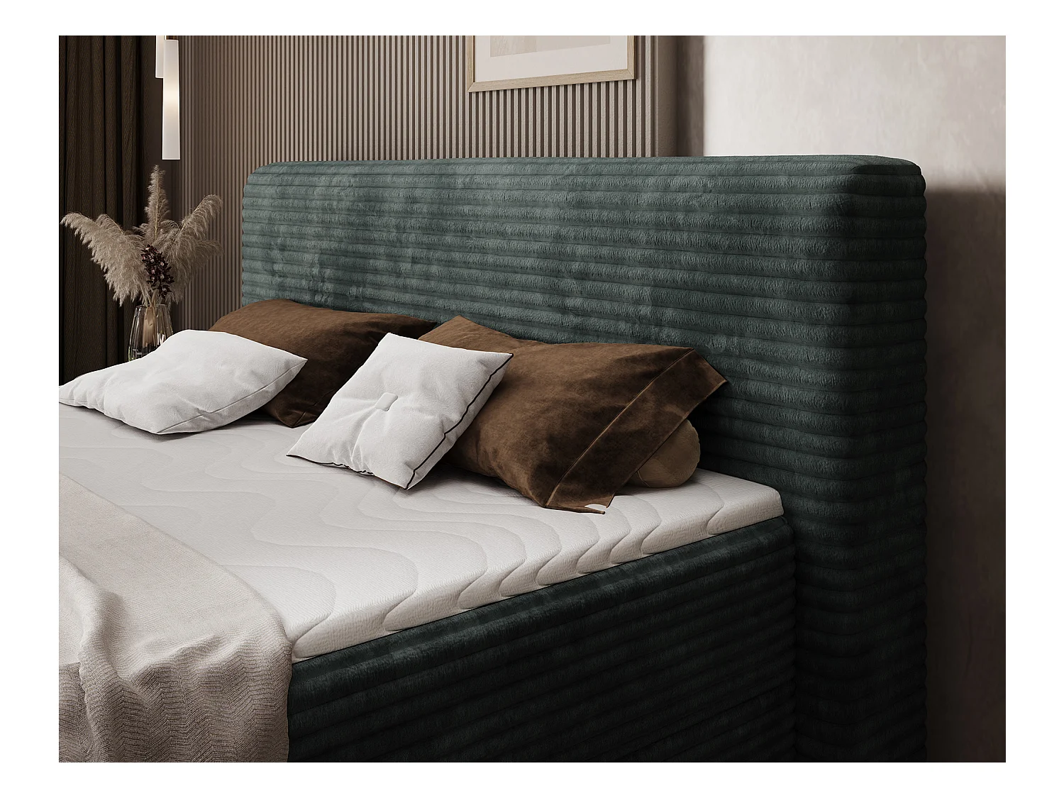 Box spring lit Magnolia/sommier tapissier/housse en tissu peluche/Vert