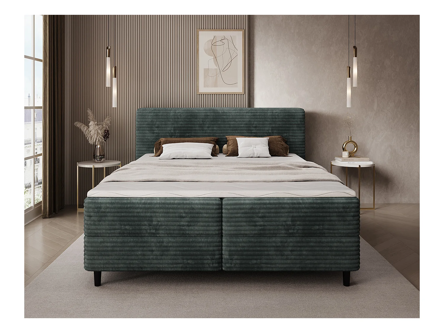 Box spring lit Magnolia/sommier tapissier/housse en tissu peluche/Vert