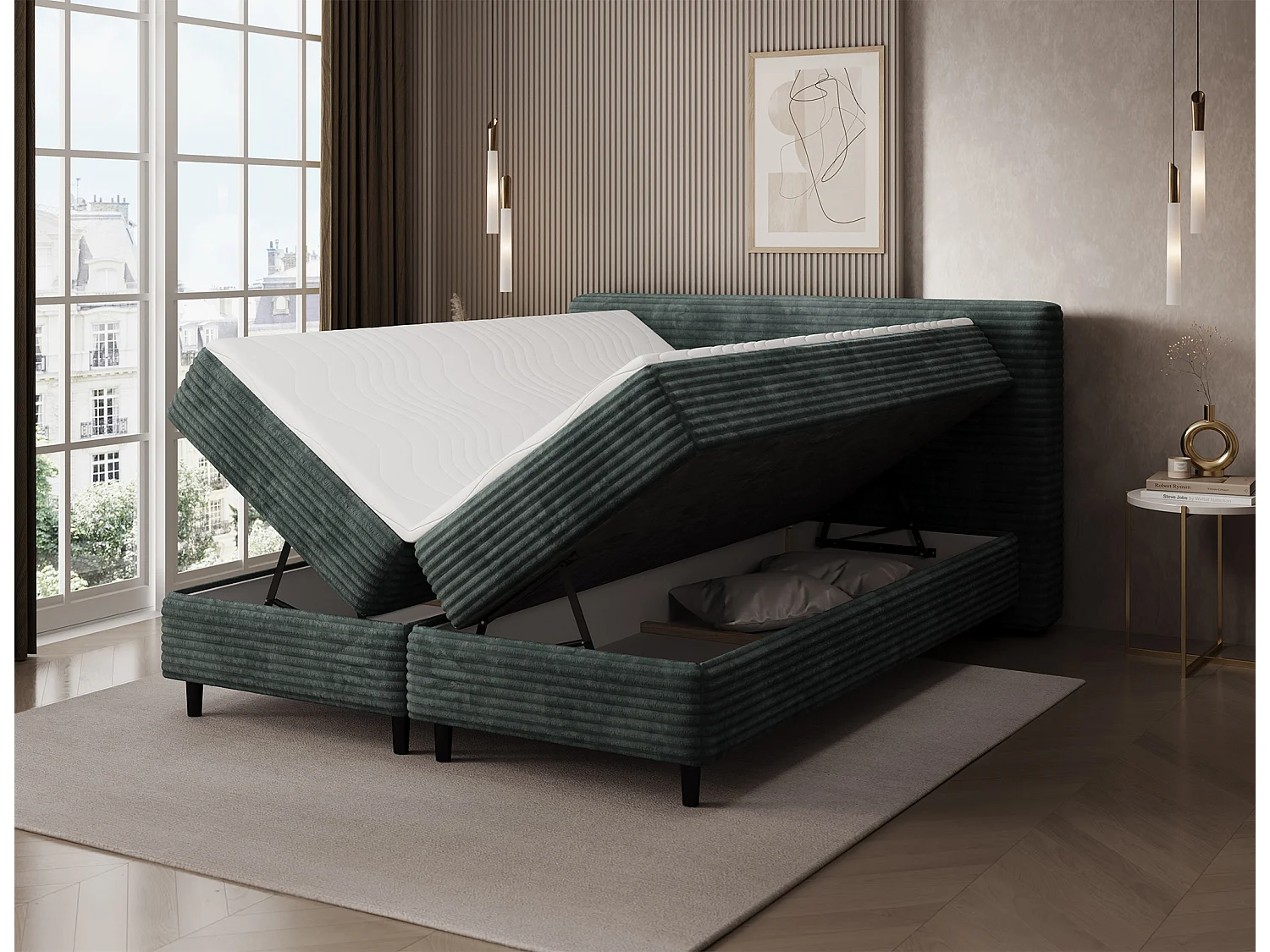 Box spring lit Magnolia/sommier tapissier/housse en tissu peluche/Vert
