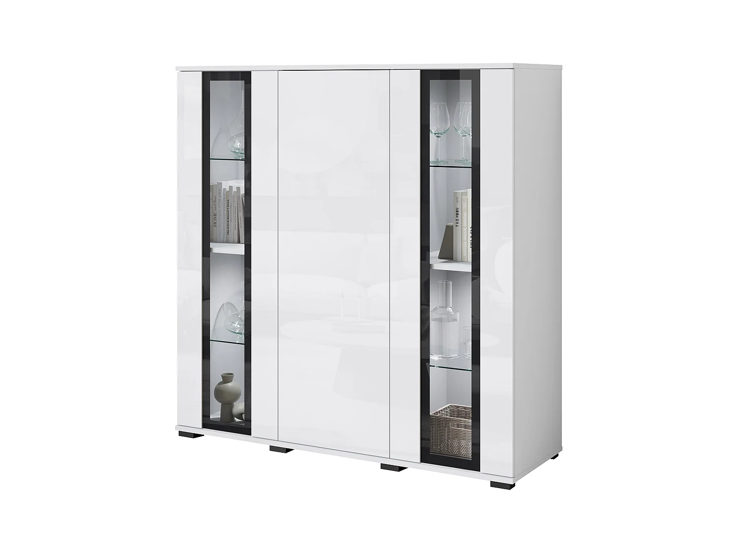 Highboard moderne 120 cm avec LED – vitrine haute de salon avec vitrages, corps blanc mat façades blanc brillant