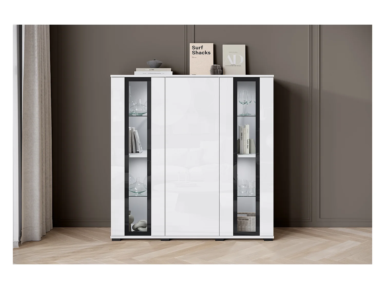 Highboard moderne 120 cm avec LED – vitrine haute de salon avec vitrages, corps blanc mat façades blanc brillant