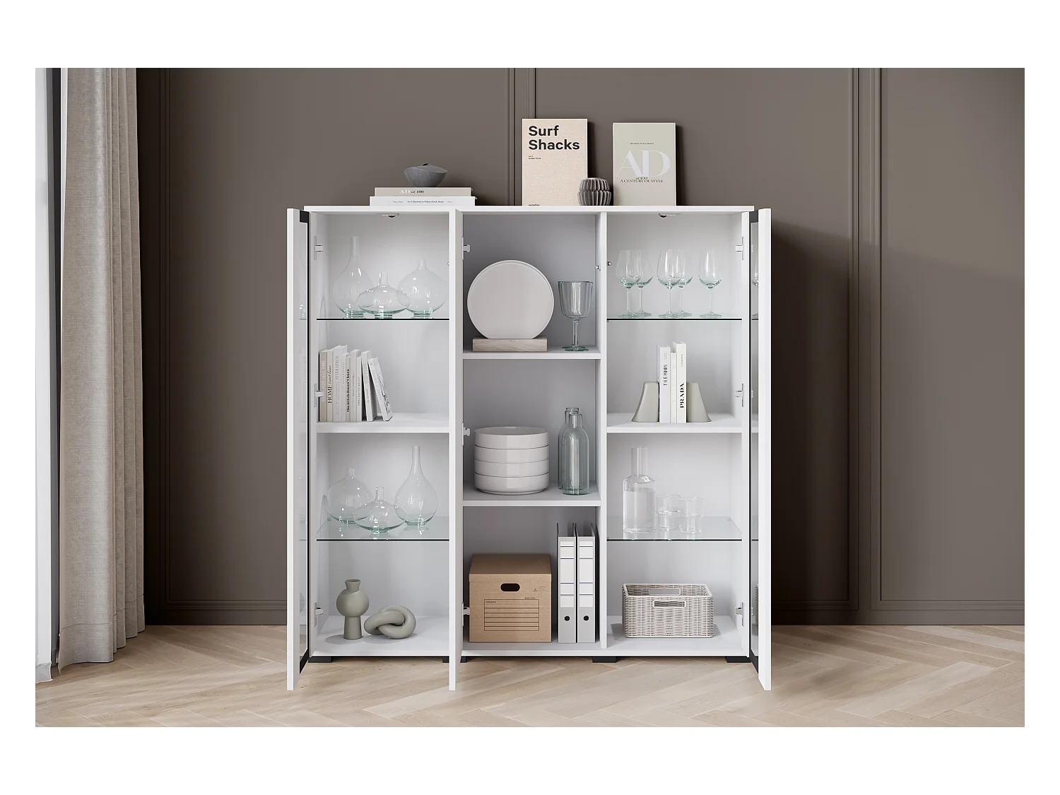 Highboard moderne 120 cm avec LED – vitrine haute de salon avec vitrages, corps blanc mat façades blanc brillant