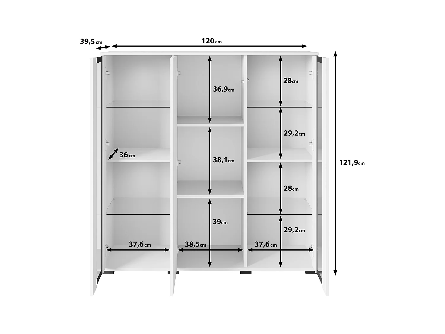 Highboard moderne 120 cm avec LED – vitrine haute de salon avec vitrages, corps blanc mat façades blanc brillant