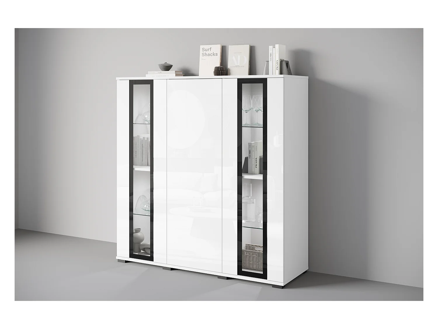 Highboard moderne 120 cm avec LED – vitrine haute de salon avec vitrages, corps blanc mat façades blanc brillant