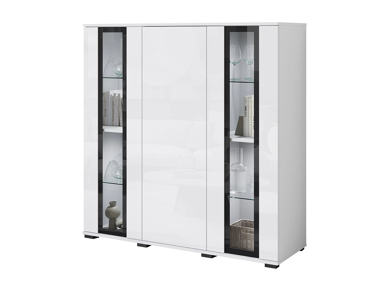 Nowoczesny highboard 120 cm z LED – wysoka witryna do salonu z przeszkleniami, korpus biały mat fronty biały połysk