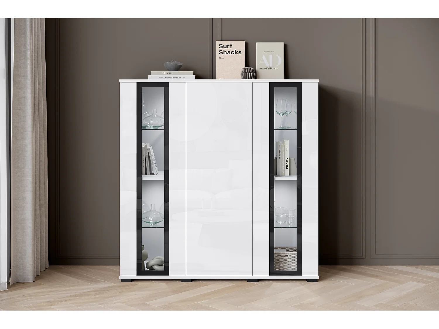 Nowoczesny highboard 120 cm z LED – wysoka witryna do salonu z przeszkleniami, korpus biały mat fronty biały połysk