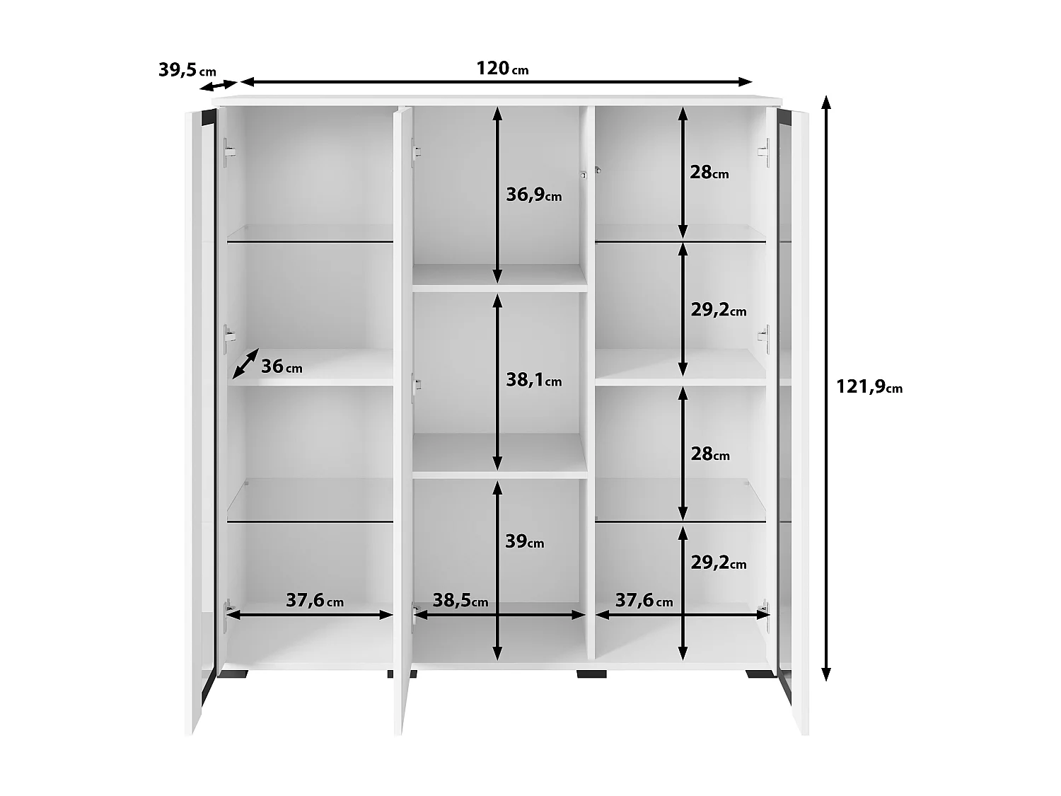 Nowoczesny highboard 120 cm z LED – wysoka witryna do salonu z przeszkleniami, korpus biały mat fronty biały połysk