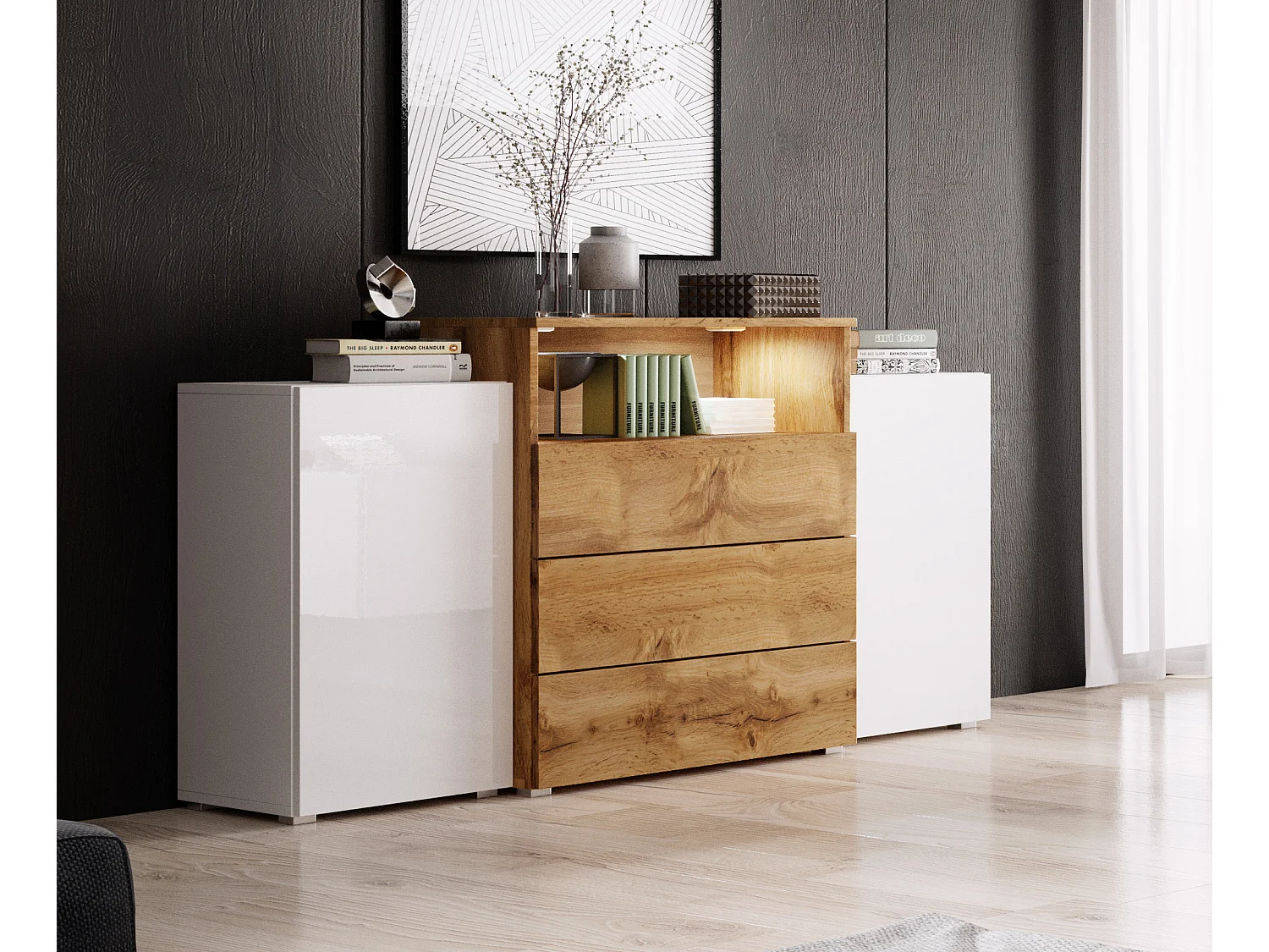 Commode 150 cm pour salon avec LED – moderne sur pied avec 3 tiroirs, corps chêne wotan, façades blanc brillant, chêne wotan