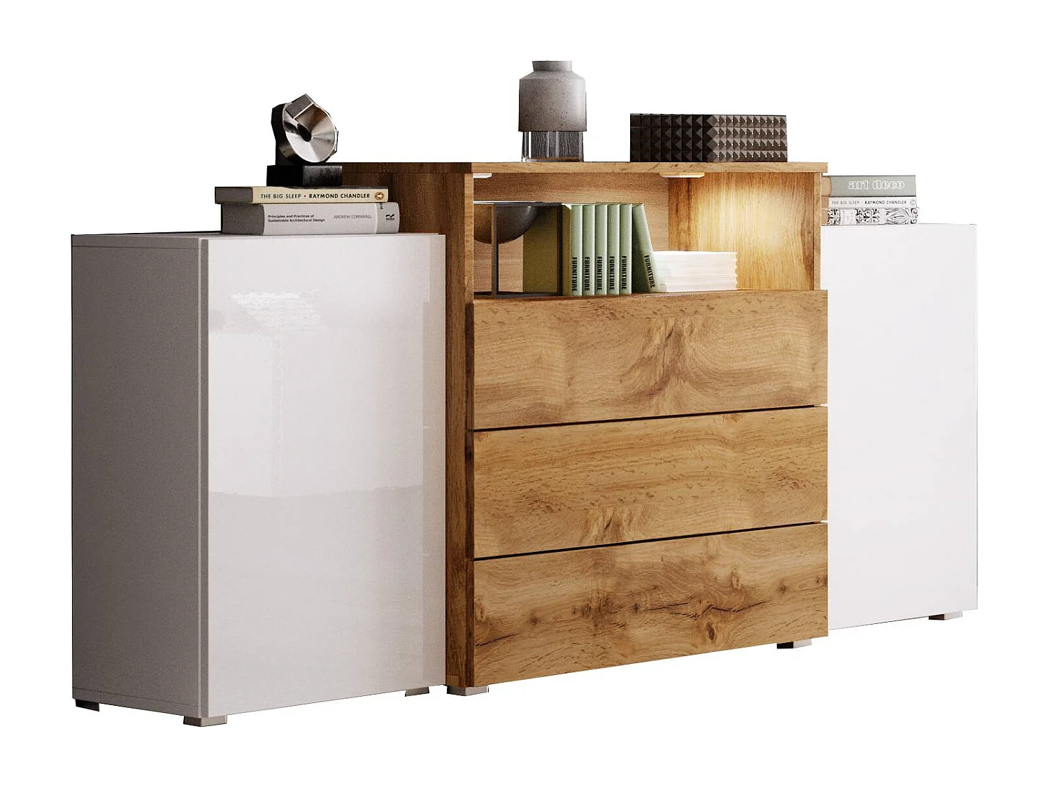 Commode 150 cm pour salon avec LED – moderne sur pied avec 3 tiroirs, corps chêne wotan, façades blanc brillant, chêne wotan