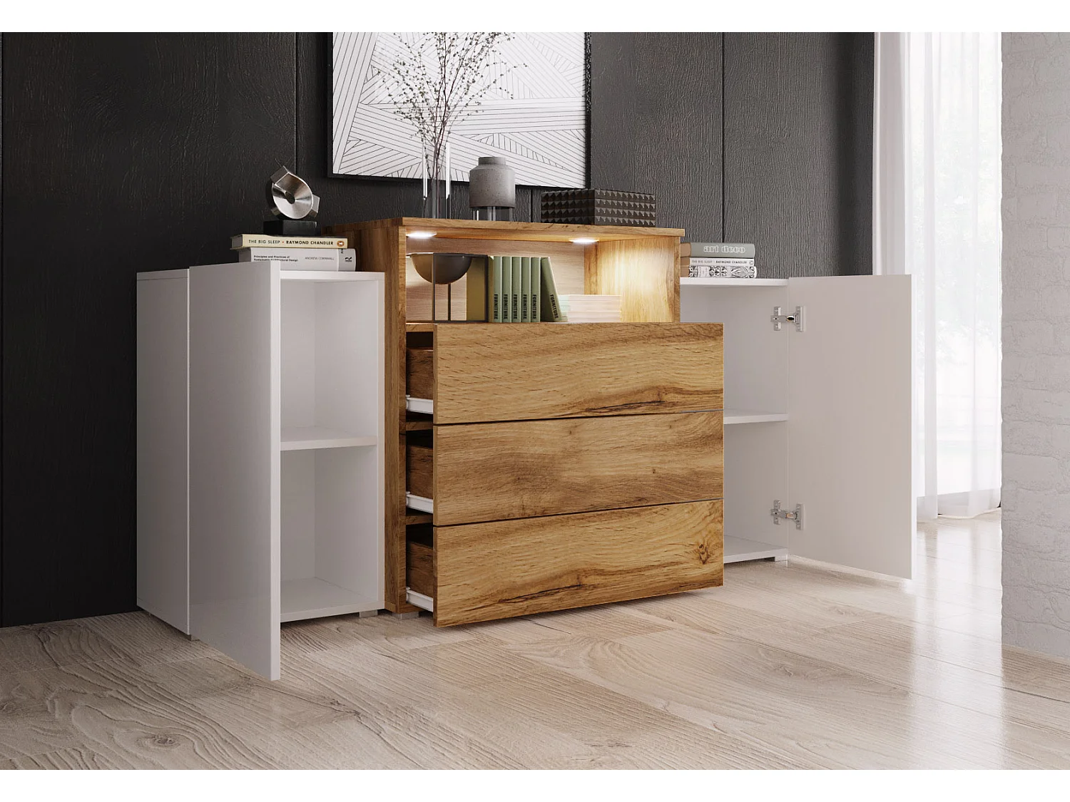 Commode 150 cm pour salon avec LED – moderne sur pied avec 3 tiroirs, corps chêne wotan, façades blanc brillant, chêne wotan