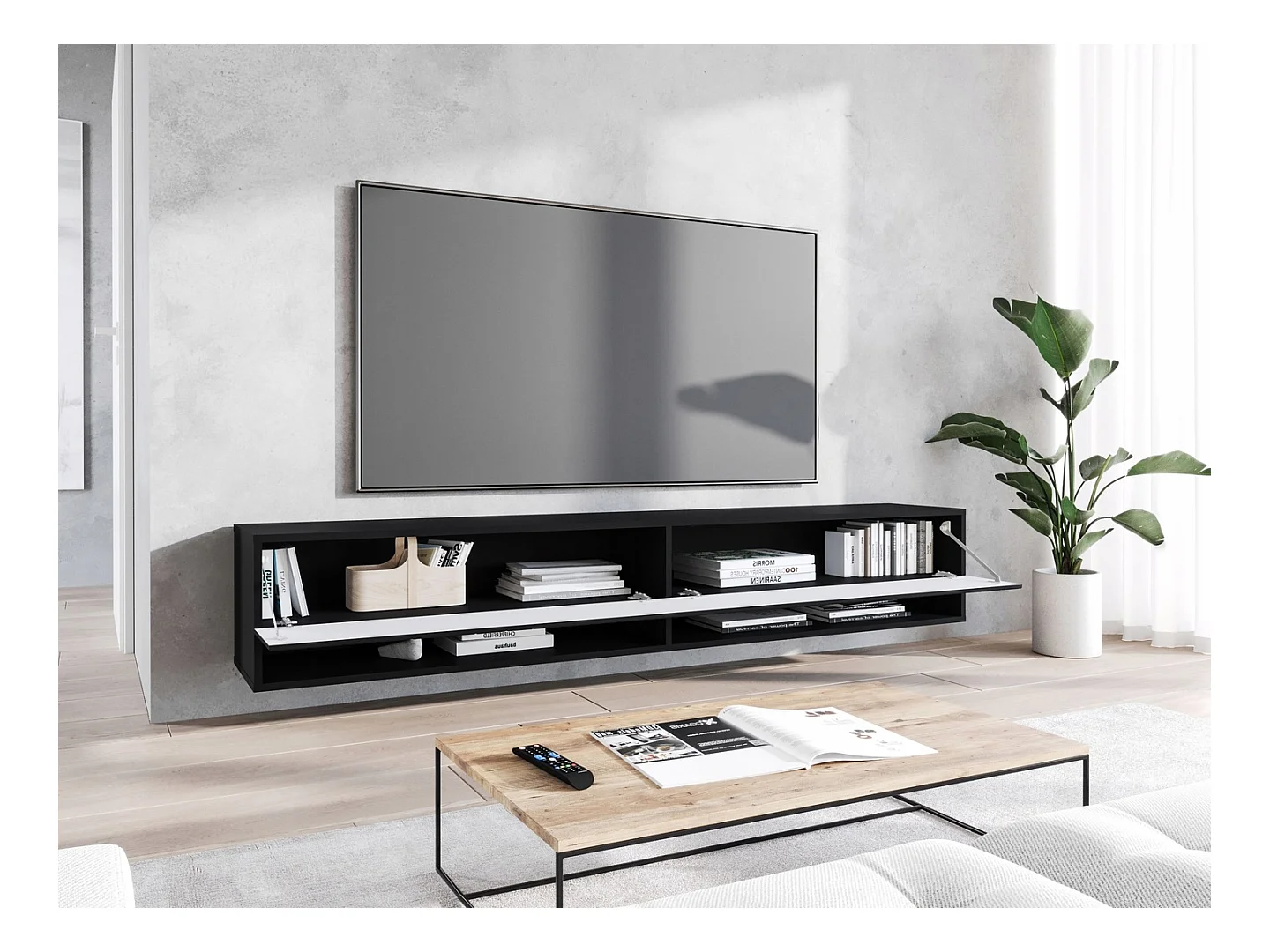 Meuble TV moderne 180 cm avec LED – corps noir mat, façades MDF chevrons, sans poignées, suspendu ou posé