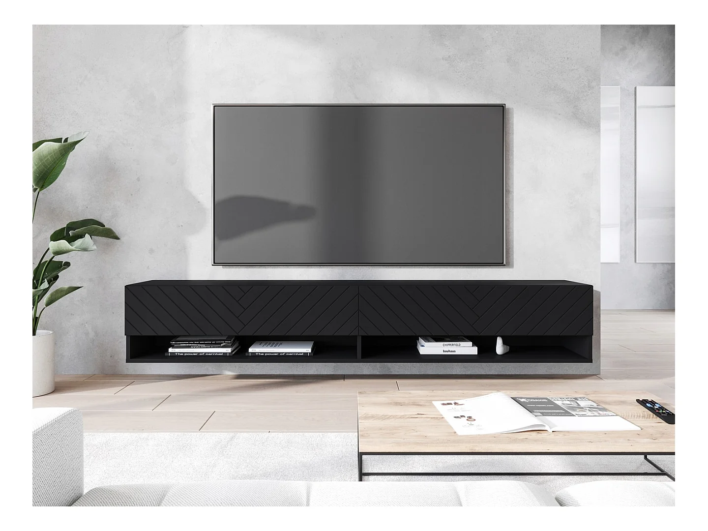 Meuble TV moderne 180 cm avec LED – corps noir mat, façades MDF chevrons, sans poignées, suspendu ou posé