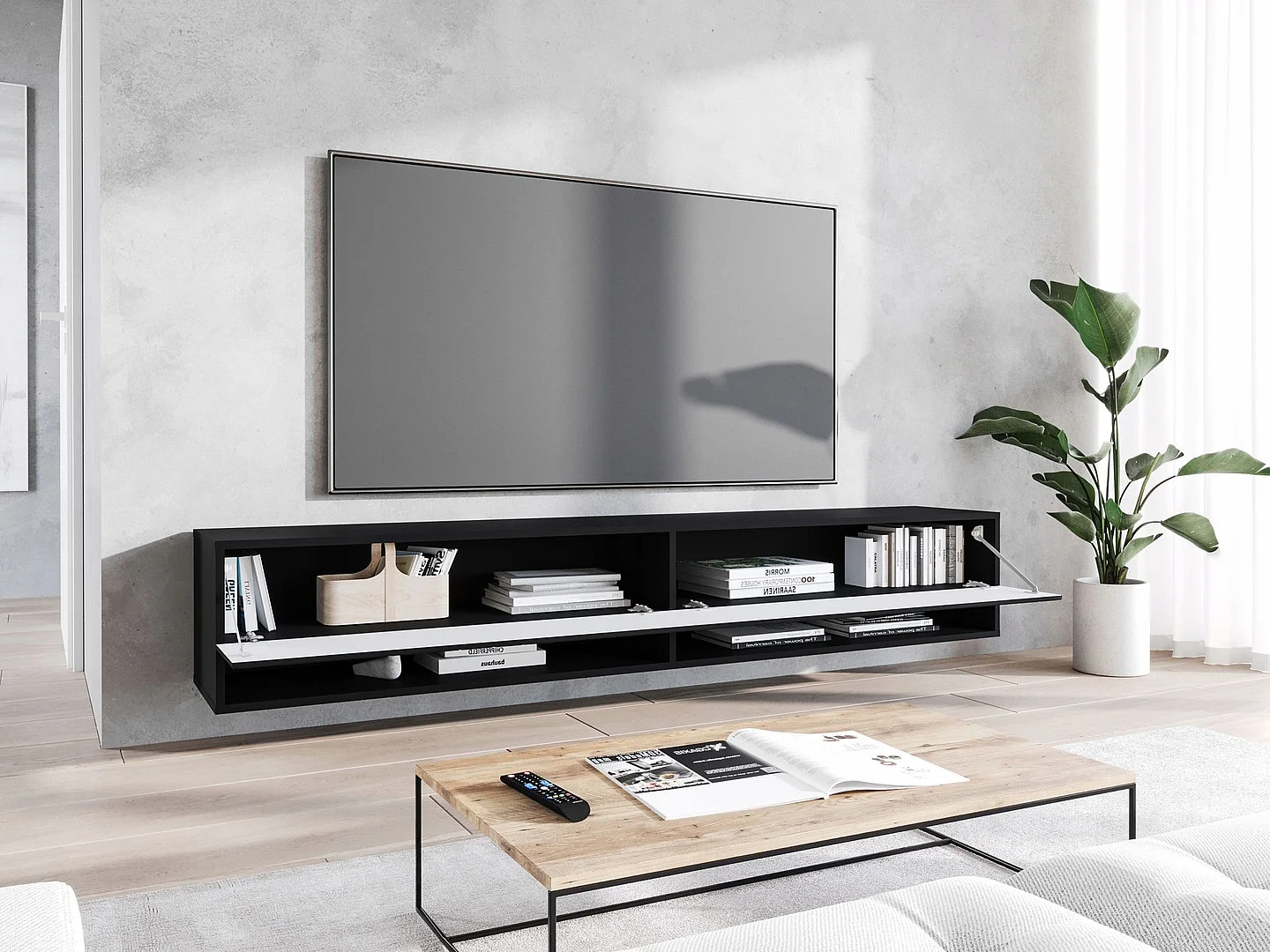 Meuble TV moderne 180 cm avec LED – corps noir mat, façades MDF chevrons, sans poignées, suspendu ou posé