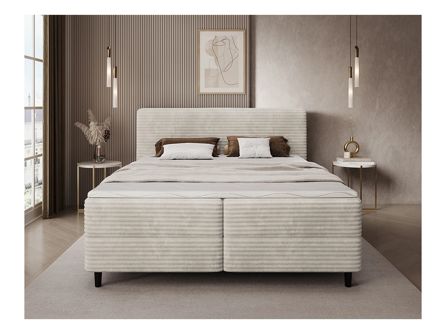 Sommier à ressorts Magnolia/sommier tapissier/housse en tissu peluche/Creme