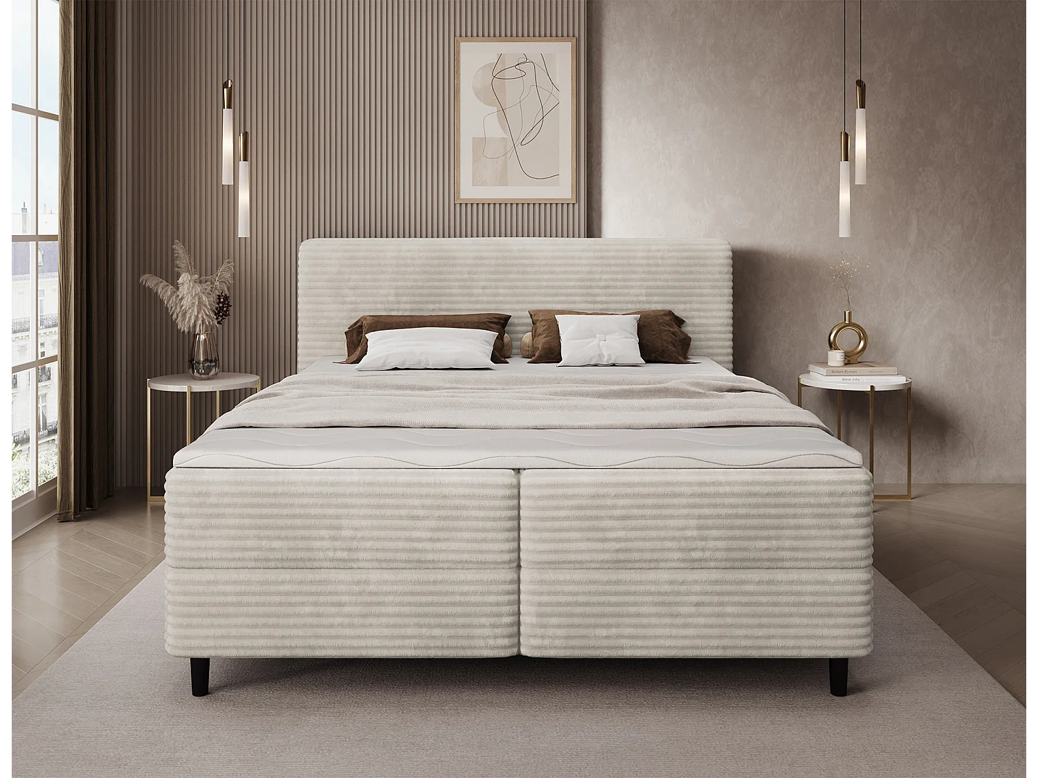 Letto a molle Magnolia/letto contenitore/fodera in tessuto felpato/Crema