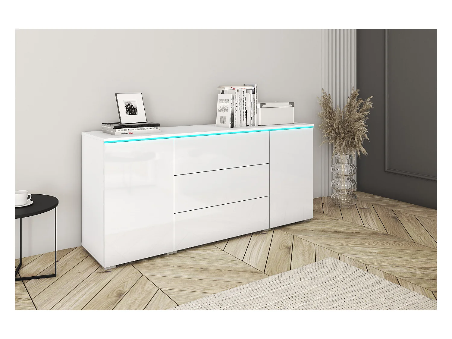 Commode moderne 150 cm avec LED pour salon – corps blanc mat, façades blanc brillant, 3 tiroirs et 2 portes