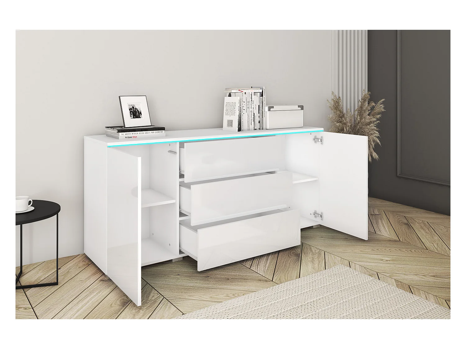 Commode moderne 150 cm avec LED pour salon – corps blanc mat, façades blanc brillant, 3 tiroirs et 2 portes