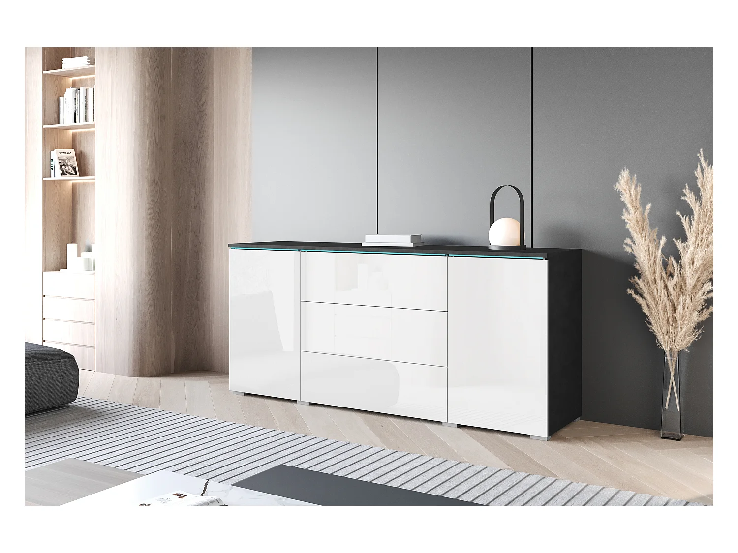 Buffet moderne 150 cm avec LED pour salon – corps matera, façades blanc brillant, 3 tiroirs et 2 portes