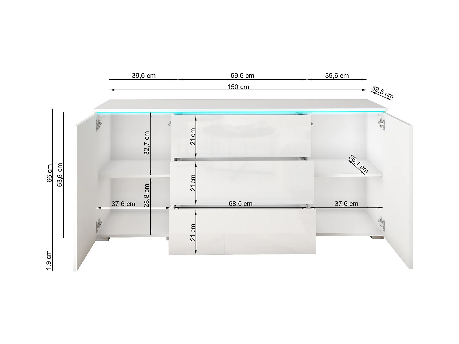 Buffet moderne 150 cm avec LED pour salon – corps matera, façades blanc brillant, 3 tiroirs et 2 portes