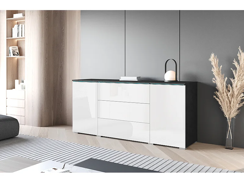 Buffet moderne 150 cm avec LED pour salon – corps matera, façades blanc brillant, 3 tiroirs et 2 portes