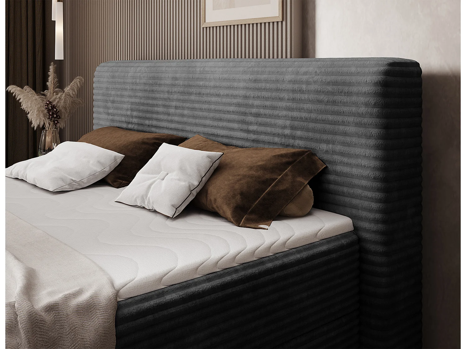 Box spring lit Magnolia/sommier tapissier/housse en tissu peluche/Anthracite