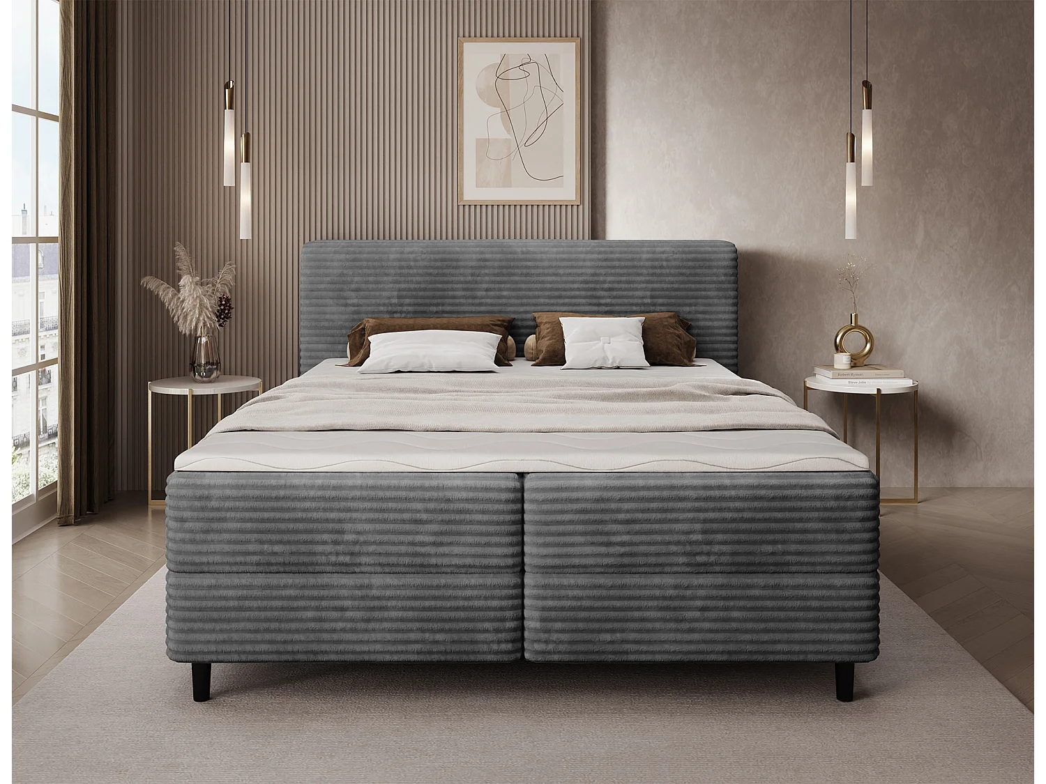 Box spring lit Magnolia/sommier tapissier/housse en tissu peluche/Anthracite