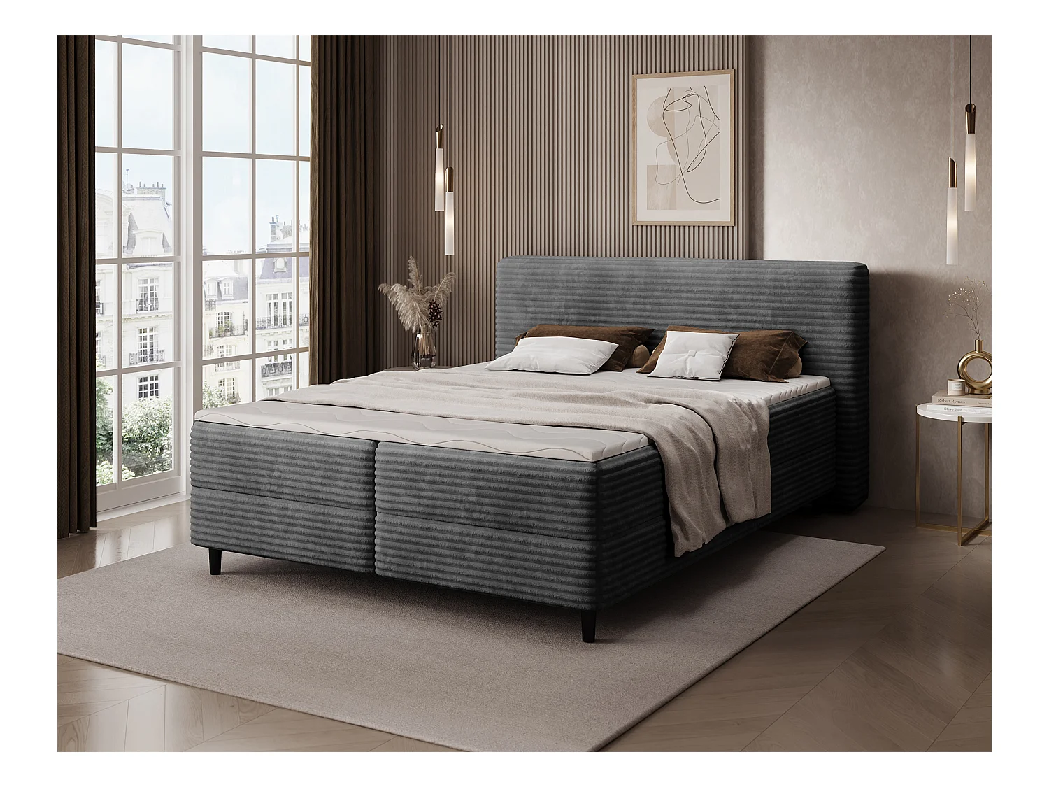 Box spring lit Magnolia/sommier tapissier/housse en tissu peluche/Anthracite