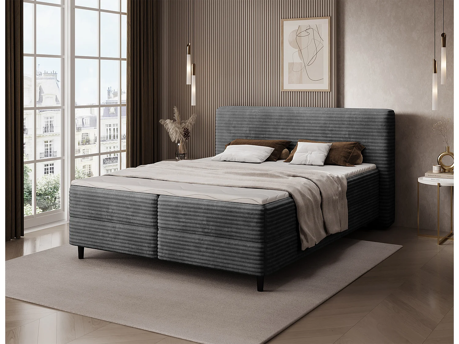 Box spring lit Magnolia/sommier tapissier/housse en tissu peluche/Anthracite